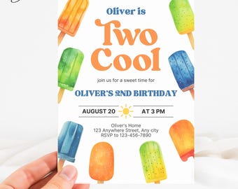 May include: A birthday invitation with watercolor popsicle illustrations in orange, green, blue, and yellow. The text reads "Oliver is Two Cool" and includes party details: August 20 at 3 PM.