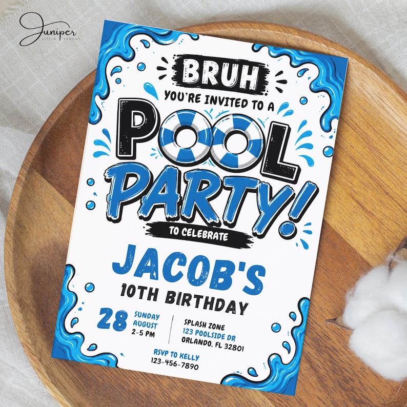 Bruh Pool Party Birthday Invitation, Blue Summer Invite, Boys Swimming Pool Party, 10th Birthday Poolside Invite, Water Splash Invite