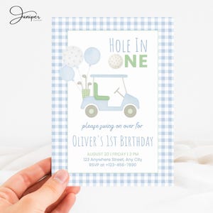 Hole In One Golf First Birthday Invitation | Blue Gingham Hole In One Par-Tee for Kids