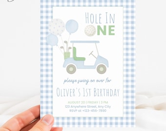 Hole In One Golf First Birthday Invitation, Blue Hole In One Invite, 1st Birthday Invitation Boy Golf, Golf Birthday Party Invite For Kids