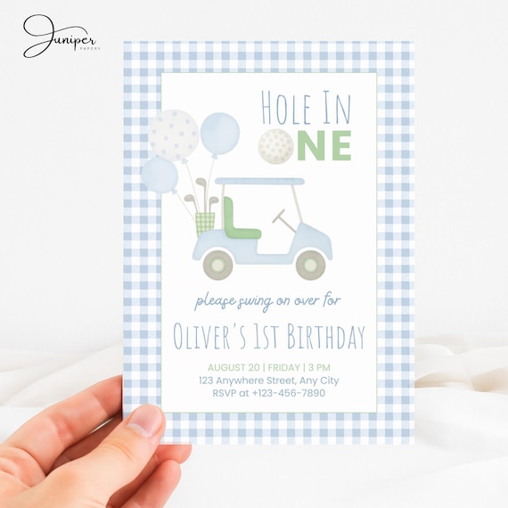 Hole In One Golf First Birthday Invitation, Blue Hole In One Invite, 1st Birthday Invitation Boy Golf, Golf Birthday Party Invite For Kids