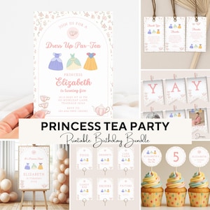 May include: A collection of princess-themed party supplies. Includes invitations, thank you tags, banners, and cupcake toppers. The invitation features three princess dresses and the text "Dress Up Par-Tea". The theme is a princess tea party.
