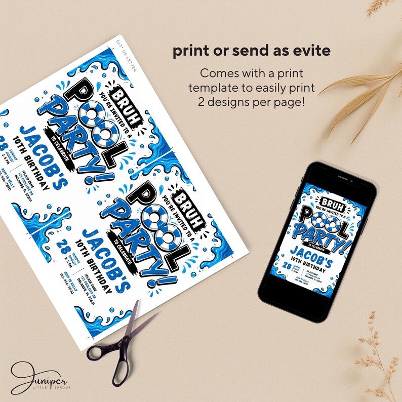 Bruh Pool Party Birthday Invitation, Blue Summer Invite, Boys Swimming Pool Party, 10th Birthday Poolside Invite, Water Splash Invite
