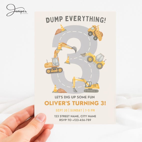 Construction Vehicle Birthday Invitation, 3rd Birthday Construction Invite, Dump Everything Invite, Dump Truck, Bulldozer & Excavator Invite