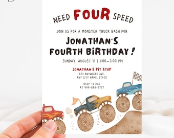 Monster Truck Birthday Invitation, Need 4 Speed Race Car Invitation, Monster Truck Invite, Monster Car Party Invite, Race Vehicle Invitation