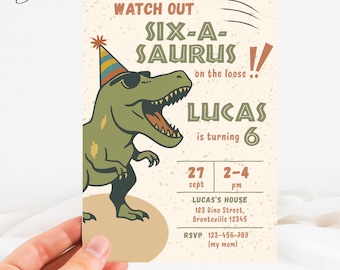 Six-A-Saurus Invite, Dinosaur 6th Birthday Invitation, Party Dinosaur Invitation, Jurassic Birthday Invite, T-rex Birthday Invitation