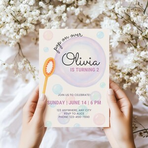 Bubble Birthday Invitation, Second Birthday Invite Bubbles, Pastel 2 Year Old Girl Birthday Invite, Girls Birthday Invitation Bubbles