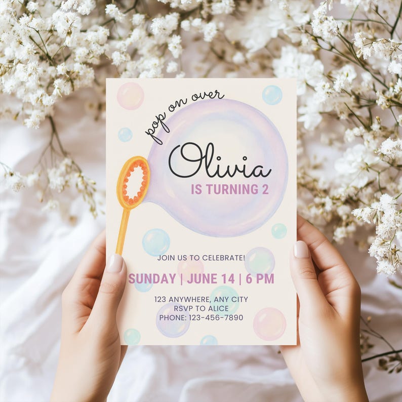 Bubble Birthday Invitation, Second Birthday Invite Bubbles, Pastel 2 Year Old Girl Birthday Invite, Girls Birthday Invitation Bubbles