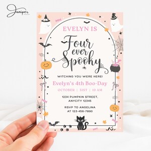 Four Ever Invitation, Spooky Halloween Birthday Invitation, 4th Boo-Day Invite, Pumpkin 4th Birthday Invitation Girl, Pink Halloween Invite