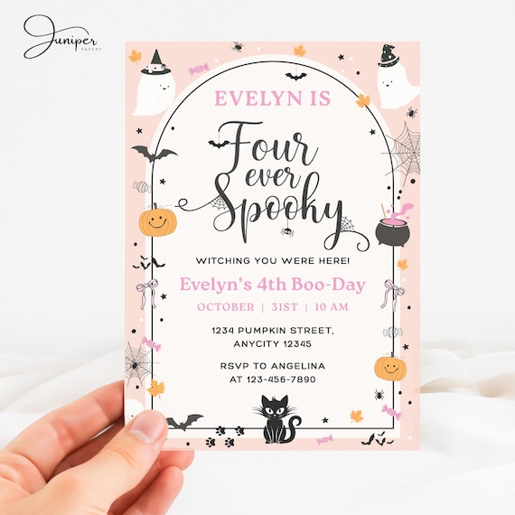 Four Ever Spooky Invitation, Spooky Halloween Birthday Invitation, 4th Boo-Day Invite, 4th Birthday Invitation Girl, Pink Halloween Invite