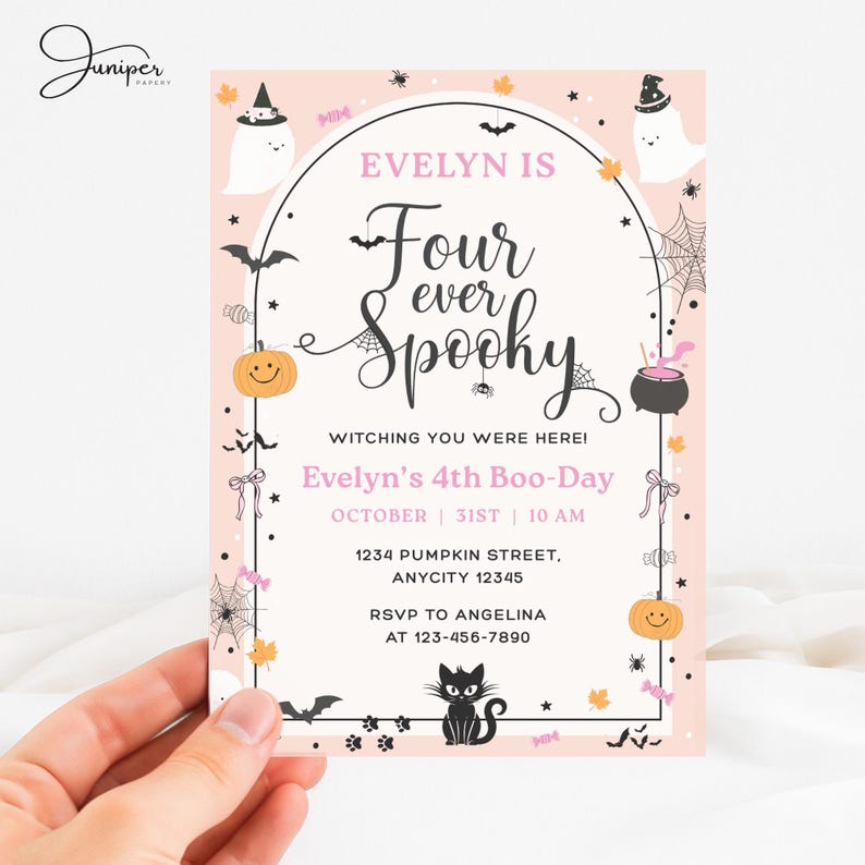 Four Ever Invitation, Spooky Halloween Birthday Invitation, 4th Boo-Day Invite, Pumpkin 4th Birthday Invitation Girl, Pink Halloween Invite