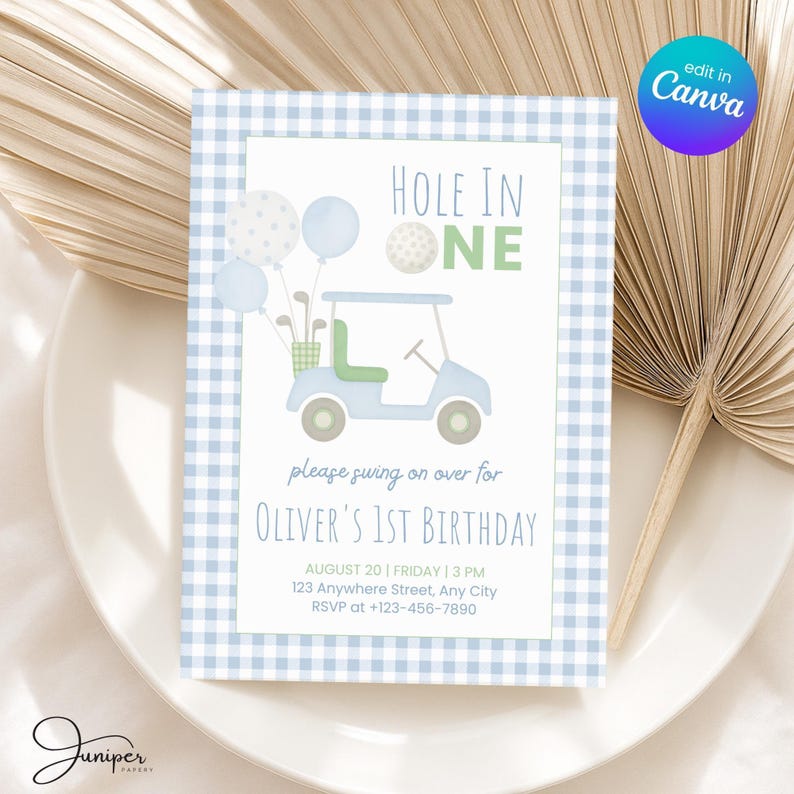 Hole In One Golf First Birthday Invitation | Blue Gingham Hole In One Par-Tee for Kids