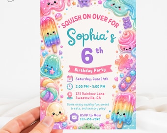 Squishy Birthday Invitation, Kawaii Sensory Squishy Invite, Rainbow Popsicle Jelly Birthday Card, Sweet Treat Fidget Toy Party Theme