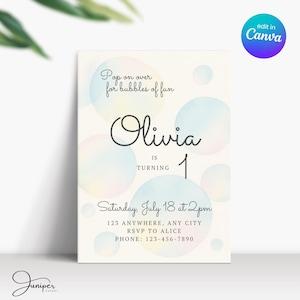 Convite de aniversário com bolhas, convite de primeiro aniversário com bolhas, convite de aniversário de menina de 1 ano em tons pastel, convite de aniversário de menina com bolhas