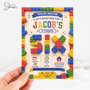 Invitación de cumpleaños número 6 con temática de bloques de construcción, invitación de cumpleaños de maestro constructor, cumpleaños con coloridos bloques de construcción, fiesta de cumpleaños infantil con bloques de juguete