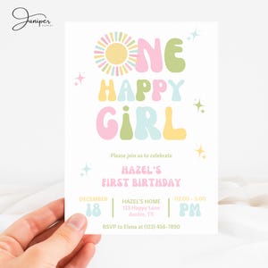 One Happy Girl Birthday Invitation, Pastel Sunshine First Birthday Invite, Retro Rainbow Sun Party Invitation, Groovy Girl Birthday Invite