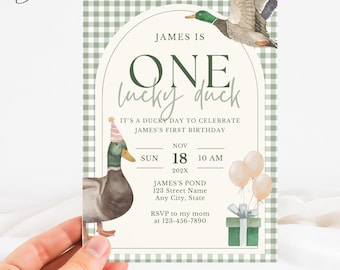 One Lucky Duck Birthday Invitation, Green Gingham Mallard Duck Invitation, Classic Baby Birthday Duck Invite, Green Petting Zoo Invite