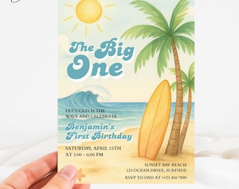 Big One Surf Birthday Invitation, Tropical Beach Invite, Ocean Wave First Birthday Invitation, Surf Board Birthday Invite, Palm Tree Invite