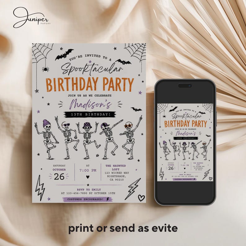 The image is a Halloween-themed birthday party invitation featuring skeleton dancers and bats, along with details about the party, including the date, time, location, and RSVP instructions.