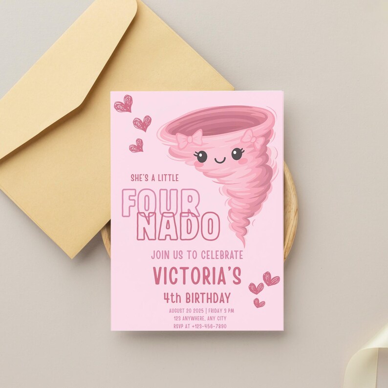 Fournado Birthday Invitation Girl | Canva Template | Twonado Invite
