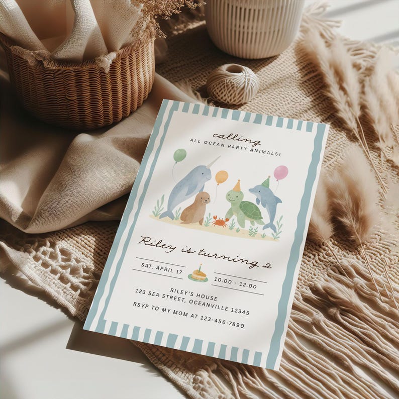 Sea Animals Birthday Invite, Ocean Party Animals Second Birthday Invitation, Under The Sea Birthday Invite, Blue Party Animals Invitation