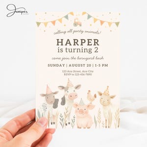 May include: A birthday party invitation with the text "HARPER is turning 2" and "come join the barnyard bash." The invitation features illustrations of farm animals and a banner with a tractor. The date is August 20.