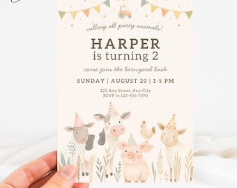 Party Animals Farm Invitation, 2nd Birthday Farm Animal Invite, Farm Invitation Two Year Old, Barnyard Bash Invitation, Petting Zoo Invite