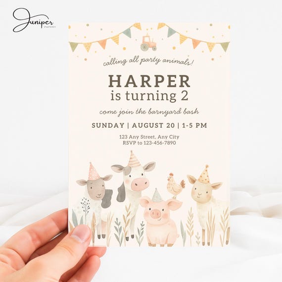 Party Animals Farm Invitation, 2nd Birthday Farm Animal Invite, Farm Invitation Two Year Old, Barnyard Bash Invitation, Petting Zoo Invite