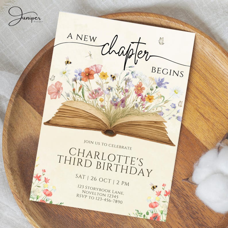 A New Chapter Birthday Invitation, Floral Storybook Birthday Invite ...