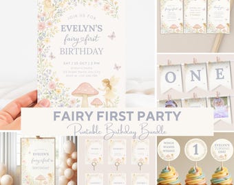 Può includere: Una collezione di decorazioni per feste stampabili a tema fatato. Include un invito, etichette, uno striscione con la scritta "ONE", segnaposto e decorazioni per cupcake. L'invito presenta il testo "EVELYN'S fairy first BIRTHDAY". Colori pastello tenui e illustrazioni di fate.