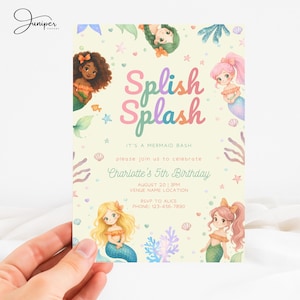 Splish Splash Mermaid Invitation, Black Mermaid Birthday Invite 5 Year Old, Under The Sea Invite, Mermaid Tail Birthday Invitation