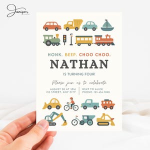 Invitación de cumpleaños de transporte de vehículos, invitación a fiesta de cumpleaños de vehículos, invitación de tren para el 4.º cumpleaños, invitación de cumpleaños para niño de 4 años