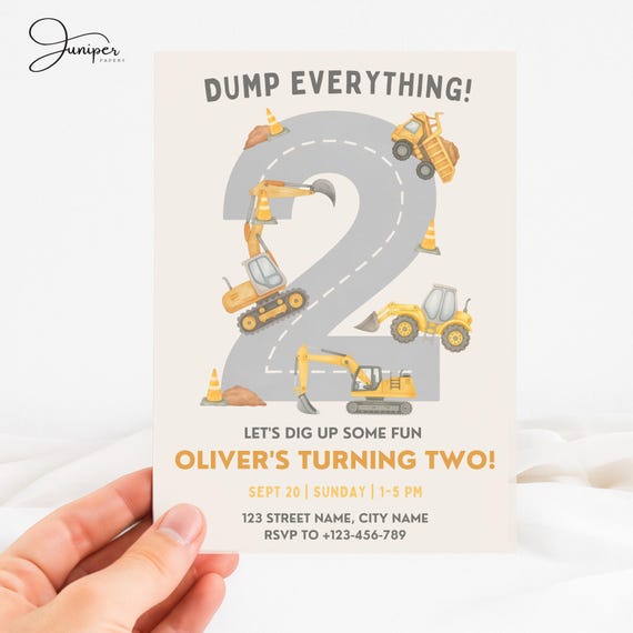 Construction Vehicle Birthday Invitation, Dump Everything Invite, 2nd Birthday Construction Invite, Dump Truck Invite, Excavator Invite