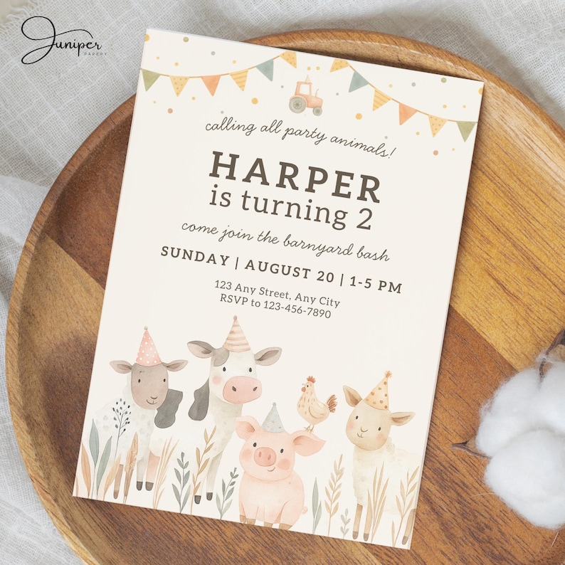 Party Animals Farm Invitation, 2nd Birthday Farm Animal Invite, Farm Invitation Two Year Old, Barnyard Bash Invitation, Petting Zoo Invite
