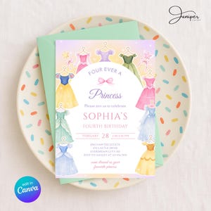 Four Ever A Princess Birthday Invitation, Princess Dress 4th Birthday Invite, Royal Theme Birthday Template, Fairytale Birthday Party