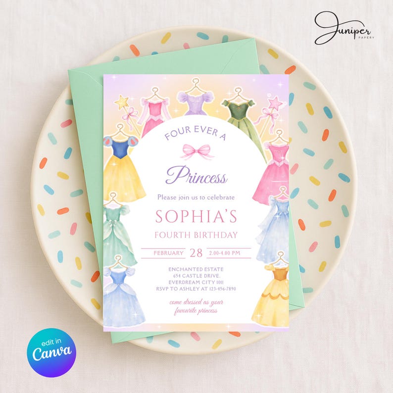 Four Ever A Princess Birthday Invitation, Princess Dress 4th Birthday Invite, Royal Theme Birthday Template, Fairytale Birthday Party