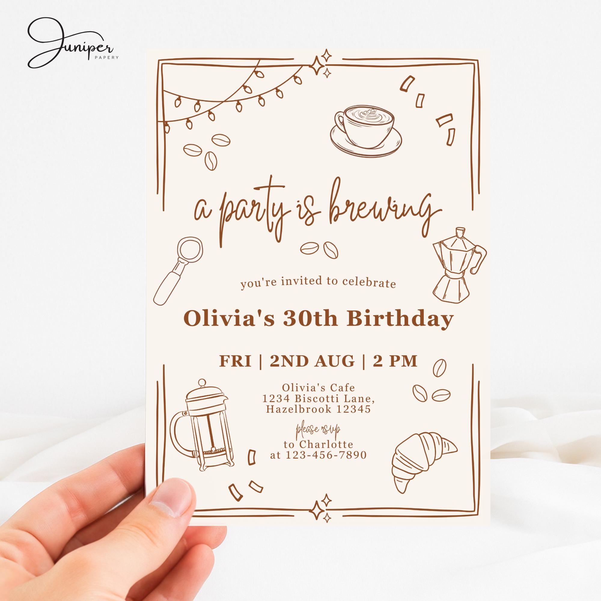 A Party is Brewing Birthday Invitation, Handdrawn Coffee Themed