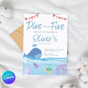 Invitation Plonger dans cinq anniversaire garçon, invitation 5e anniversaire sous la mer, invitation d'anniversaire garçon de 5 ans, invitation d'anniversaire de garçon 5 ans