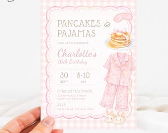 Pancake and Pajamas Birthday Invitation, Pink Gingham Breakfast Party Invite, Pancakes Birthday Card, Pink Birthday Sleepover Invite Girl