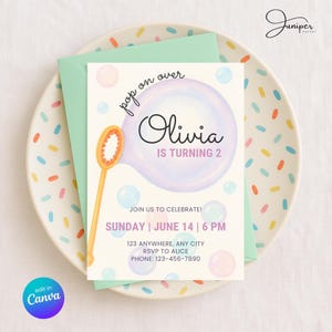 Bubble Birthday Invitation, Second Birthday Invite Bubbles, Pastel 2 Year Old Girl Birthday Invite, Girls Birthday Invitation Bubbles