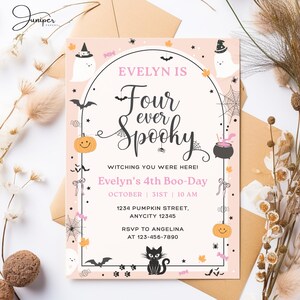 Four Ever Invitation, Spooky Halloween Birthday Invitation, 4th Boo-Day Invite, Pumpkin 4th Birthday Invitation Girl, Pink Halloween Invite