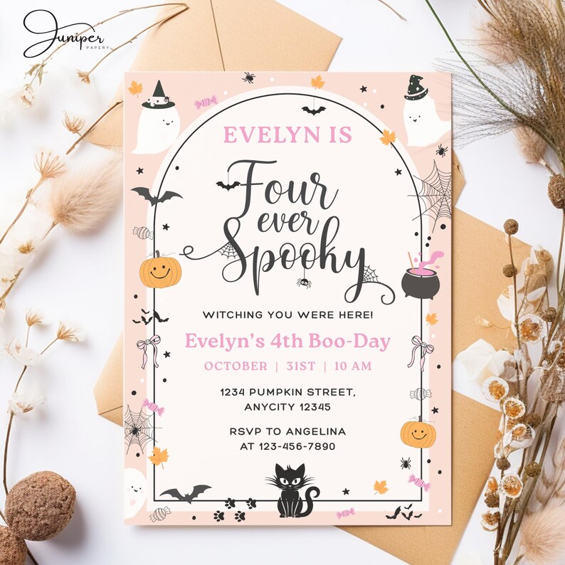 Four Ever Invitation, Spooky Halloween Birthday Invitation, 4th Boo-Day Invite, Pumpkin 4th Birthday Invitation Girl, Pink Halloween Invite