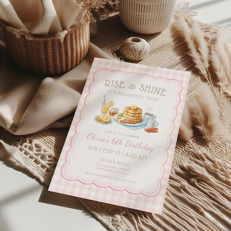 Pink Breakfast Invitation, Rise and Shine Birthday Card, Pink Gingham ...