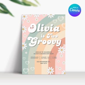 Zwei Groovy-Geburtstags-Einladung, Retro zweijähriges Mädchen-Geburtstag einladen, Geburtstags-Mädchen-Einladung 2 Jahre, zwei Groovy-Einladung Digital