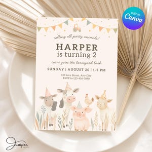 Party Animals Farm Invitation, 2nd Birthday Farm Animal Invite, Farm Invitation Two Year Old, Barnyard Bash Invitation, Petting Zoo Invite