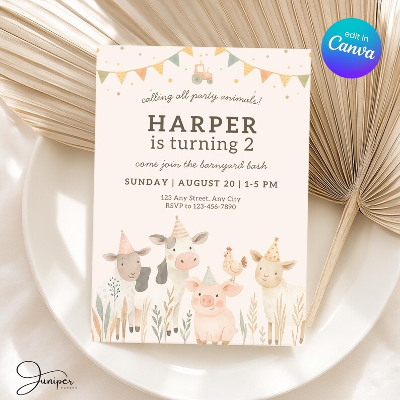 Party Animals Farm Invitation, 2nd Birthday Farm Animal Invite, Farm Invitation Two Year Old, Barnyard Bash Invitation, Petting Zoo Invite