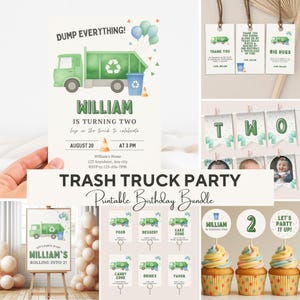 Op de afbeelding: Een verzameling afdrukbare verjaardagsfeestdecoraties met een vuilniswagen thema. Inclusief uitnodigingen, bedankkaartjes, cupcake toppers, voedseletiketten en een banner. De uitnodiging zegt "William wordt twee" en toont een groene vuilniswagen.