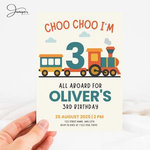 Invitación con temática de tren "Choo Choo", invitación de cumpleaños de tercer año con temática de tren, invitación de cumpleaños para niño de 3 años, invitación de cumpleaños con temática de transporte vehicular.