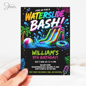 Könnte beinhalten: Eine schwarze Einladungskarte mit neonfarbenem Text, der JOIN US FOR A WATERSLIDE BASH! WILLIAM'S 9TH BIRTHDAY! SAT AUG 24 2-4 PM lautet. Das Design zeigt eine bunte aufblasbare Wasserrutsche, einen Wasserball, einen Schwimmring und ein Eis am Stiel.