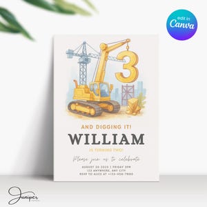 Faire-part d'anniversaire de véhicule de construction, 3e anniversaire de construction, invitation de tout vider, camion à benne basculante, bulldozer et pelle